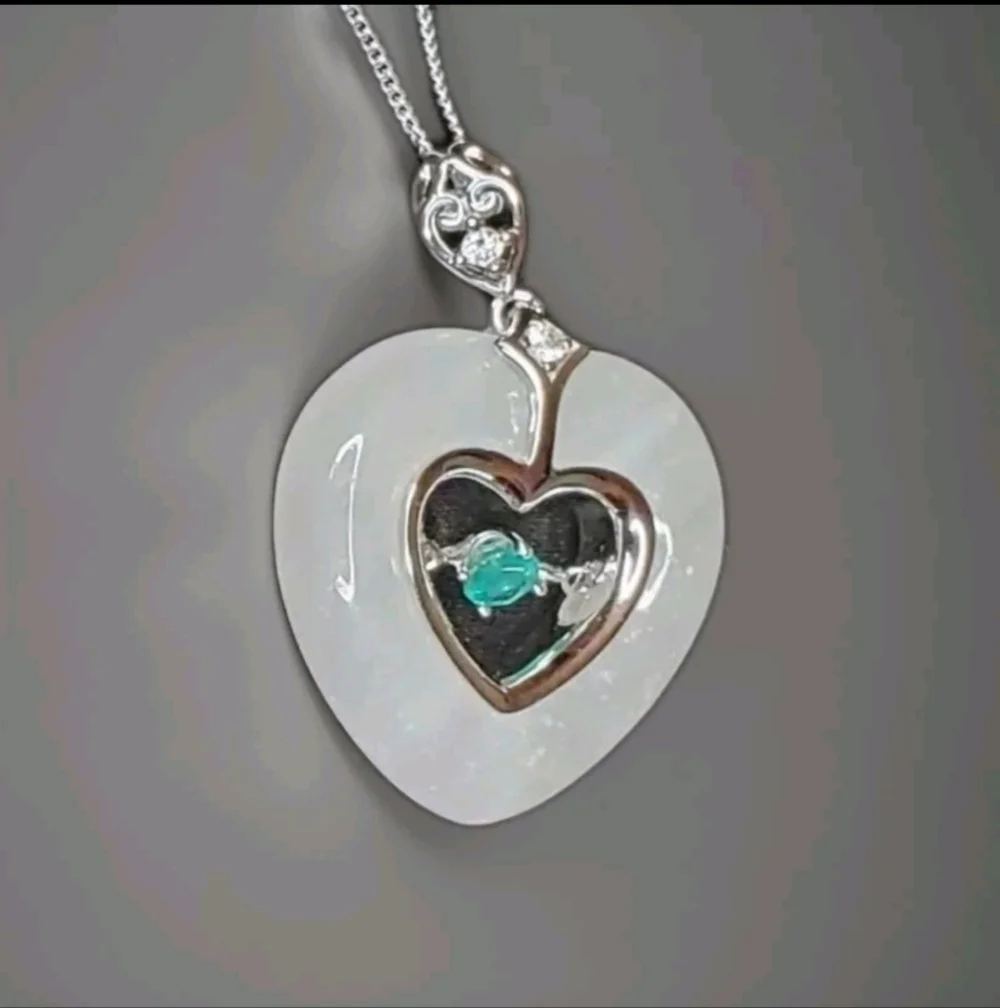 Burmese White Jade Heart Necklace Emerald Dancing Stone Platinum Sterling Silver